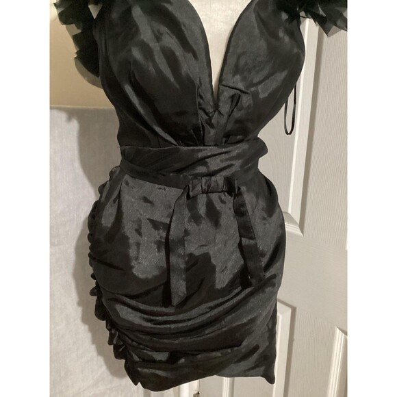 Mable Dress Womens Medium Black Ruched Mini Puff Sleeve Deep V Waist Tie MDB438 - Picture 2 of 7